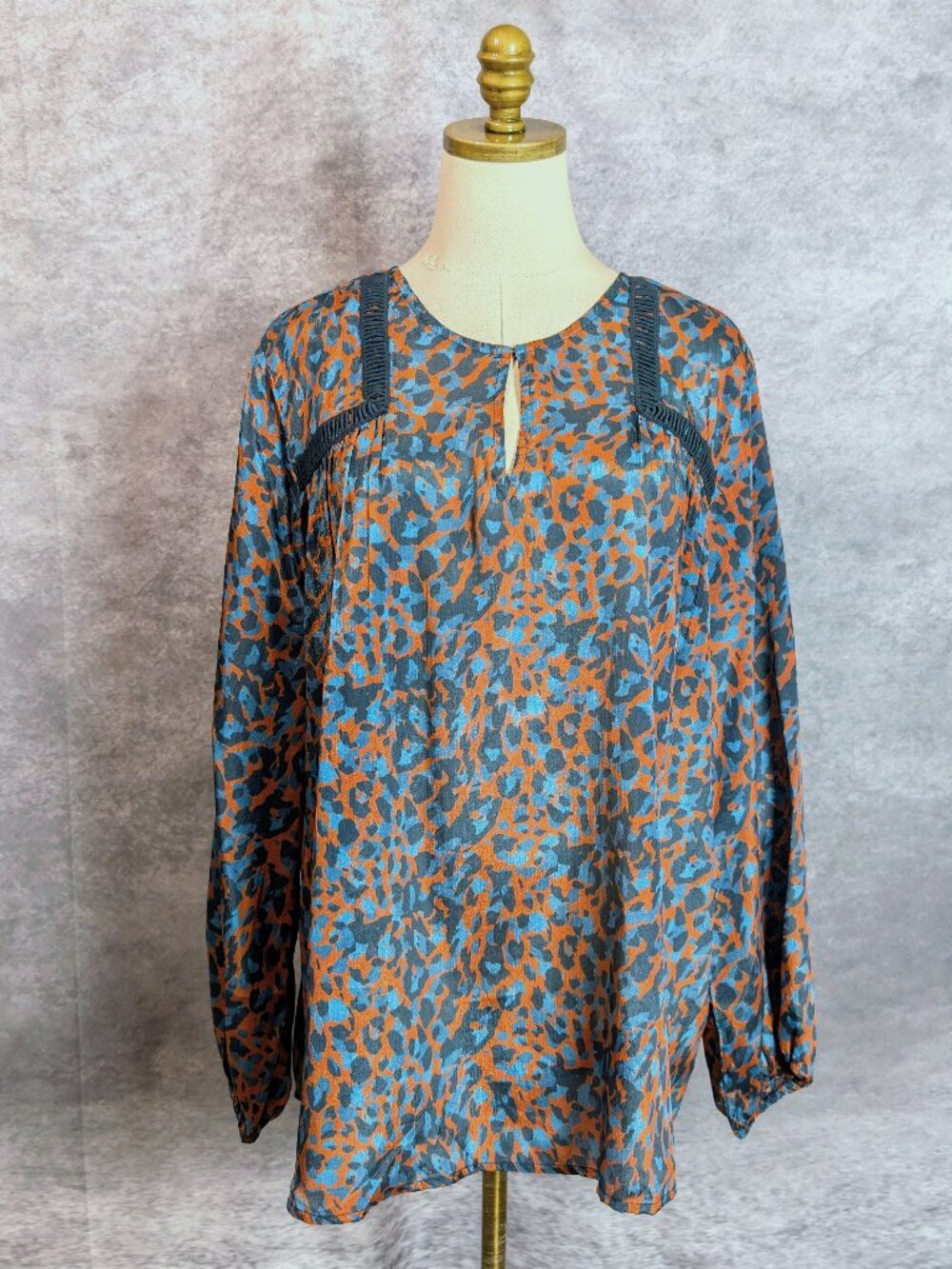 Soft Surroundings Gianna Blouse XL Copper Teal Cheetah Animal Print Keyhole Top